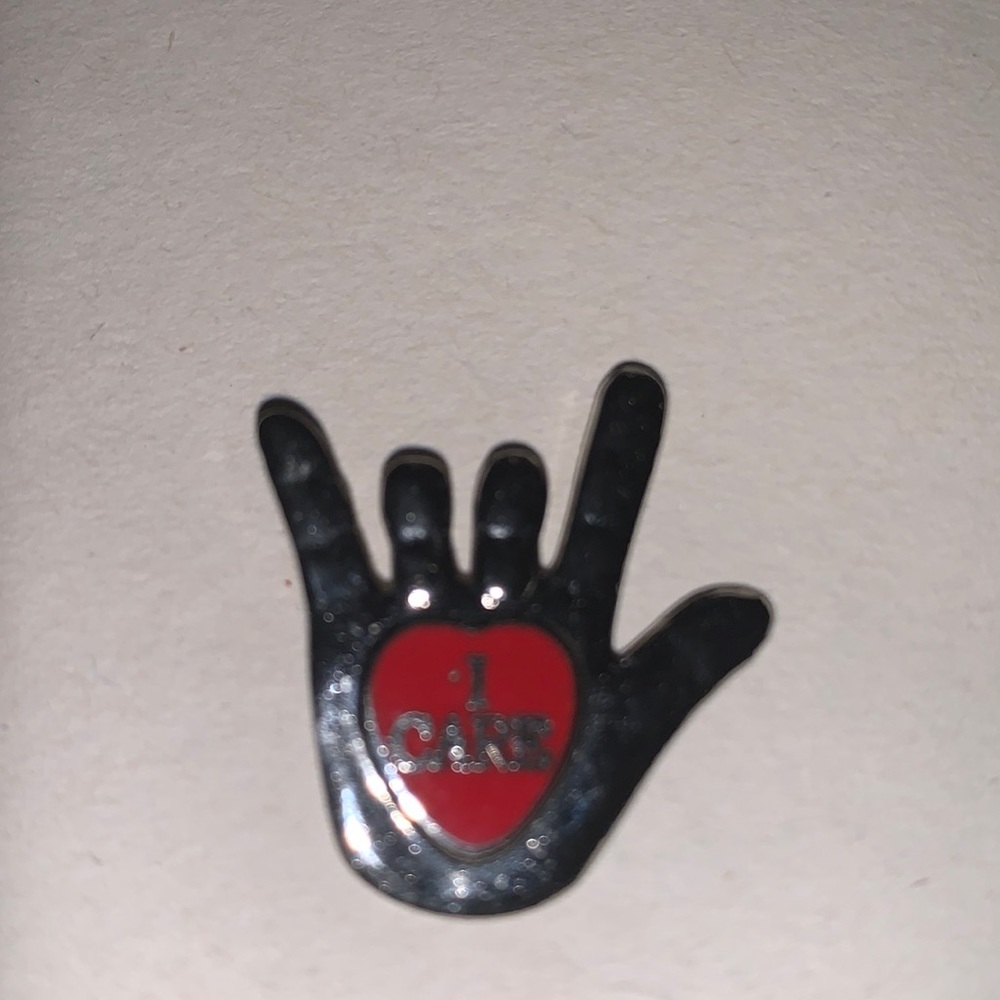 TOPS I Care pin  I Love you symbol in sign language